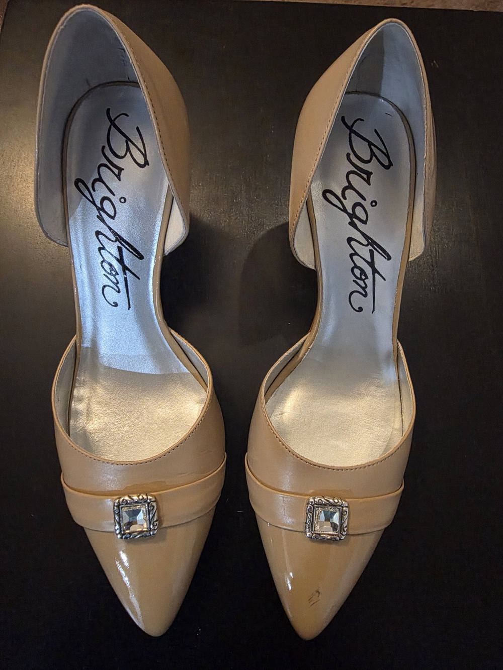 Brighton Tan Patent D'Orsay Heels with Square Crystal Accent